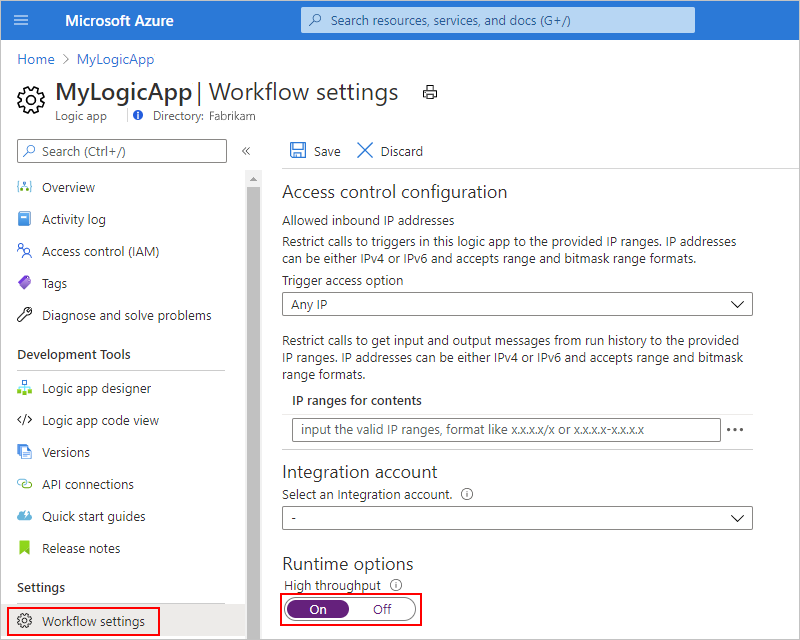 Screenshot che mostra il menu dell'app per la logica nel portale di Azure con 