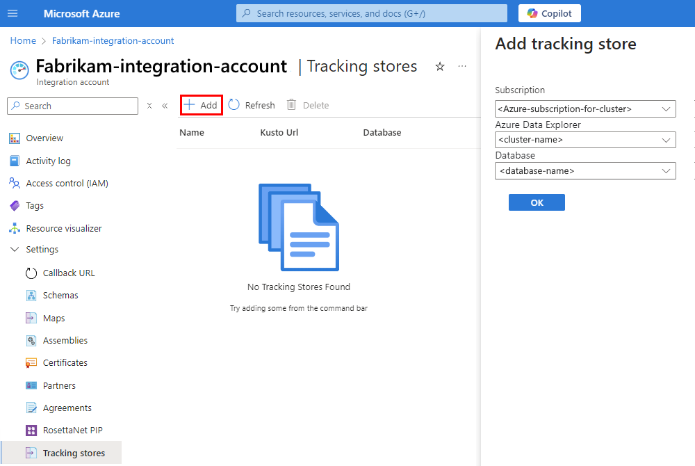 Screenshot shows Azure portal, Premium integration account menu with selected item named Tracking stores, toolbar with selected option for Add, and open pane for Add tracking store.