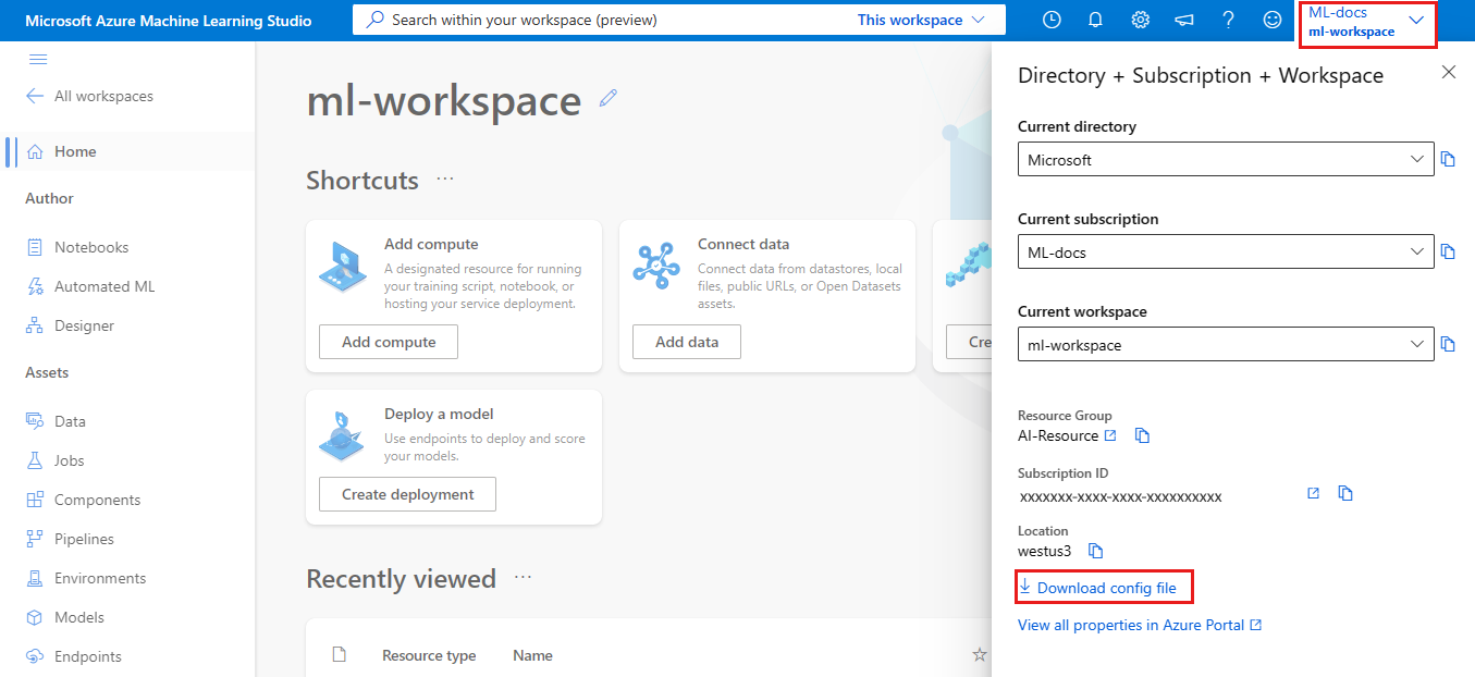 Screenshot della pagina di panoramica dell'area di lavoro con Scarica config.json selezionato.