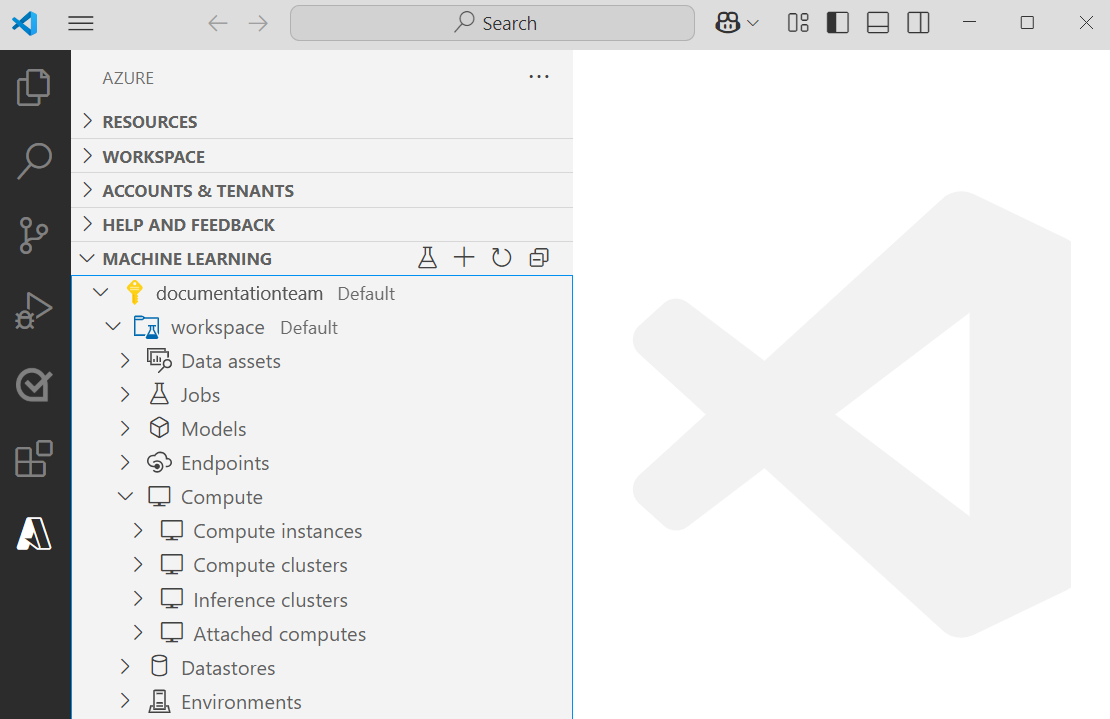 Screenshot che mostra l'estensione Visual Studio Code di Azure Machine Learning.