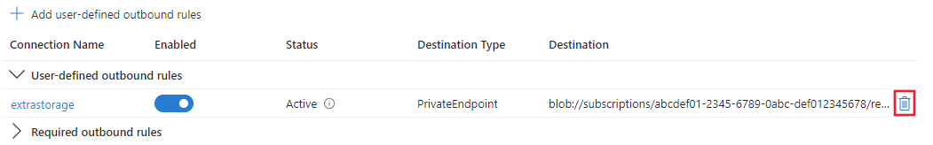 Screenshot dell'icona della regola di eliminazione per una rete virtuale gestita con traffico in uscita approvato.