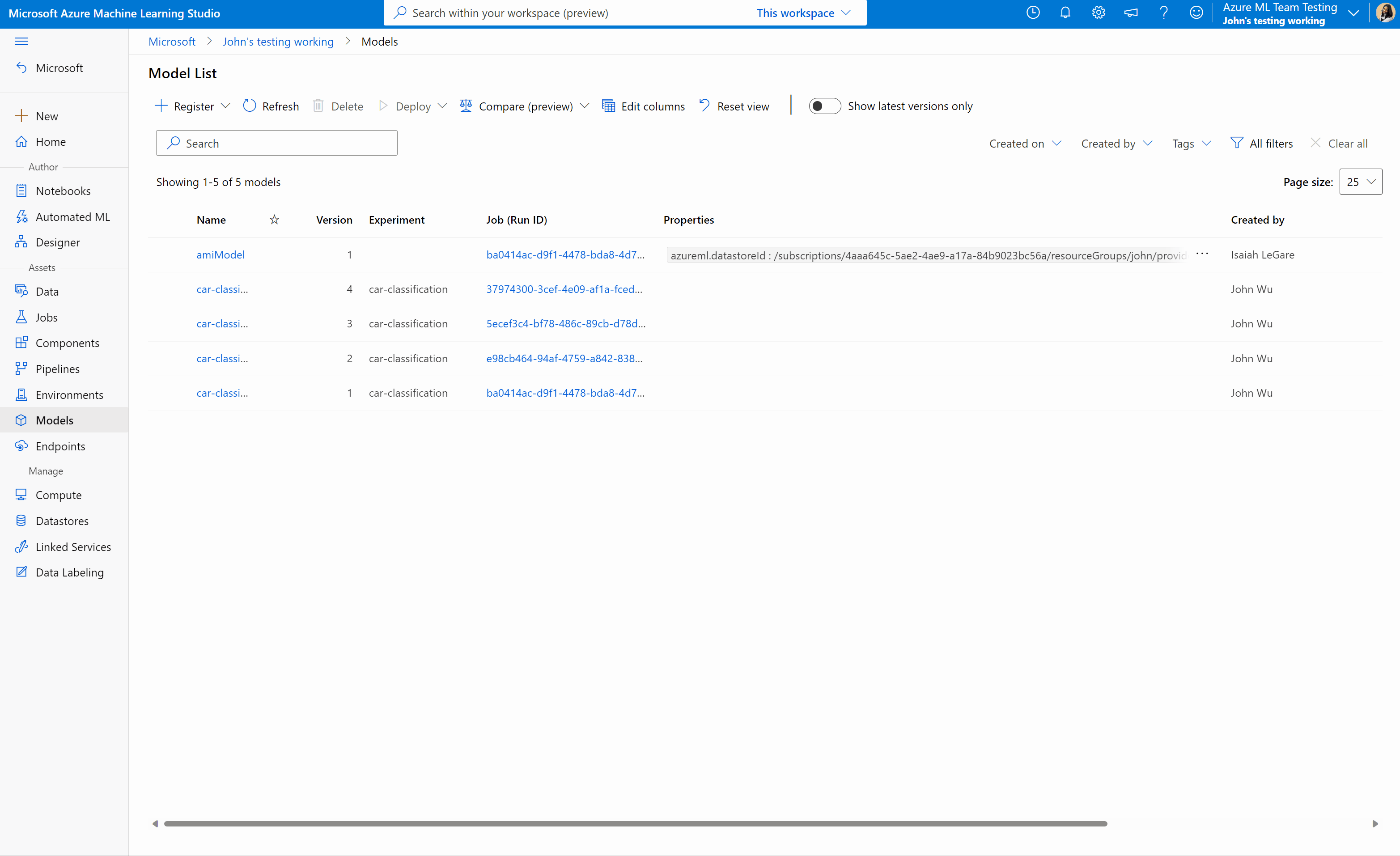 Screenshot del pannello di anteprima che mostra come confrontare processi e modelli in Studio di Azure Machine Learning.