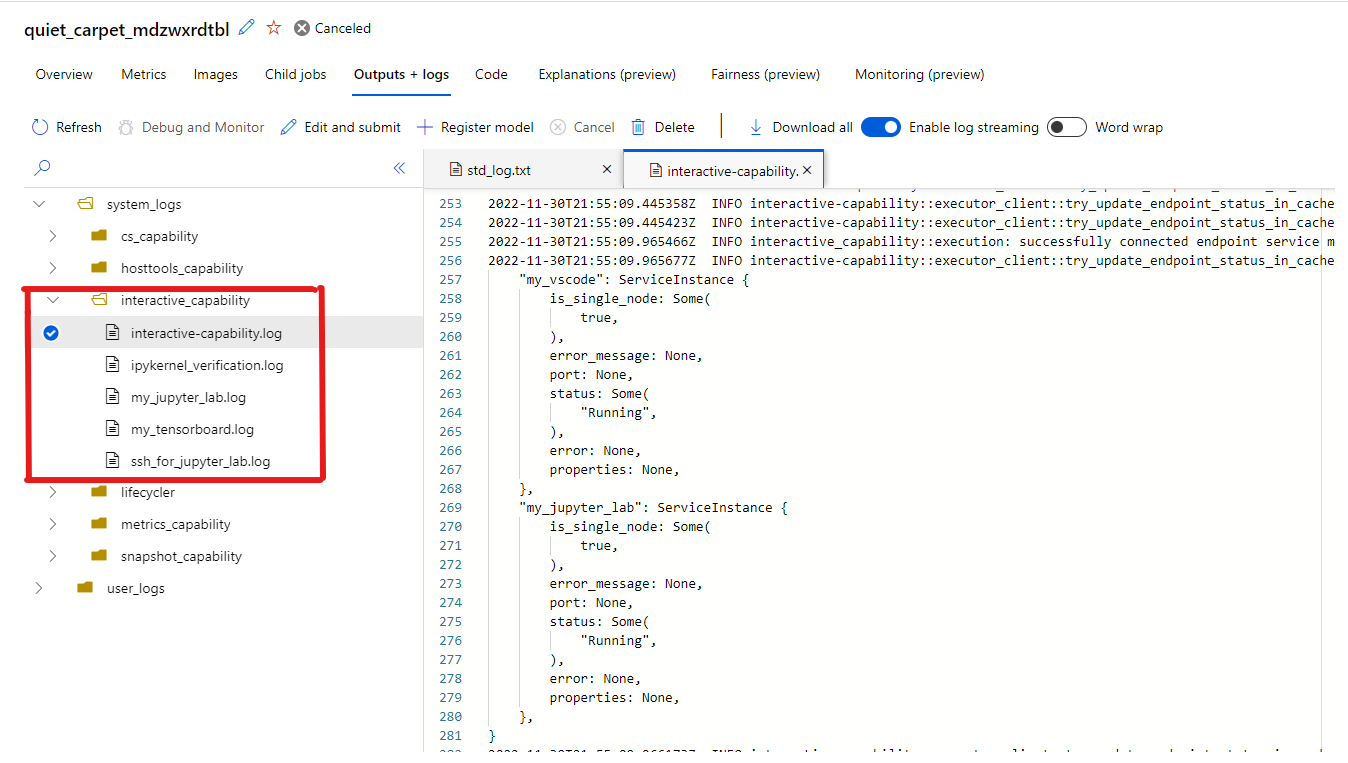 Screenshot che mostra la posizione del pannello dei log interattivi per i processi interattivi.