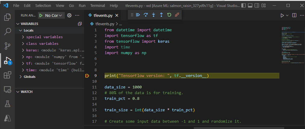Screenshot che mostra la posizione di un punto di interruzione di esempio impostato nell'editor di Visual Studio Code