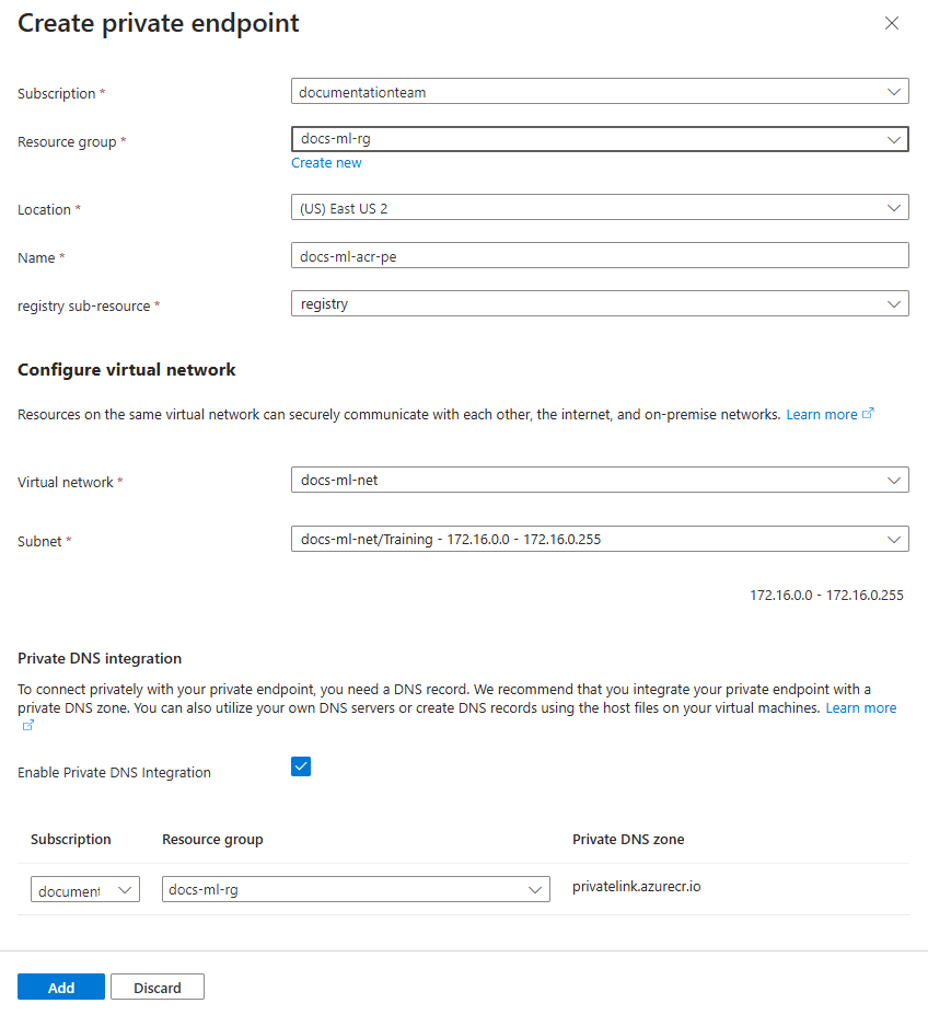 Screenshot del modulo di configurazione per l'endpoint privato del registro dei contenitori.