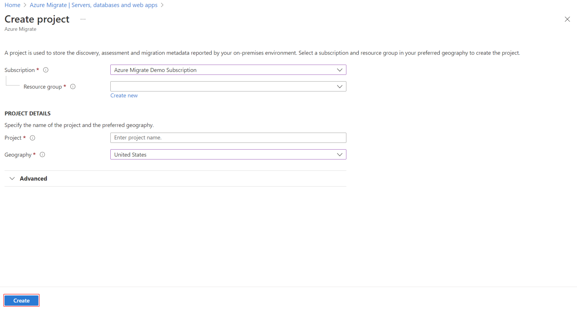 Immagine della pagina Azure Migrate per immettere le impostazioni del progetto.
