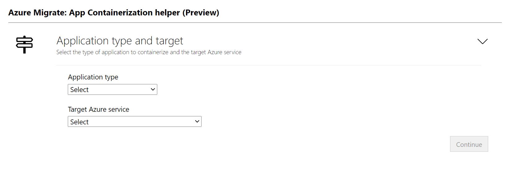 Screenshot dell'avvio predefinito per lo strumento di containerizzazione delle app.