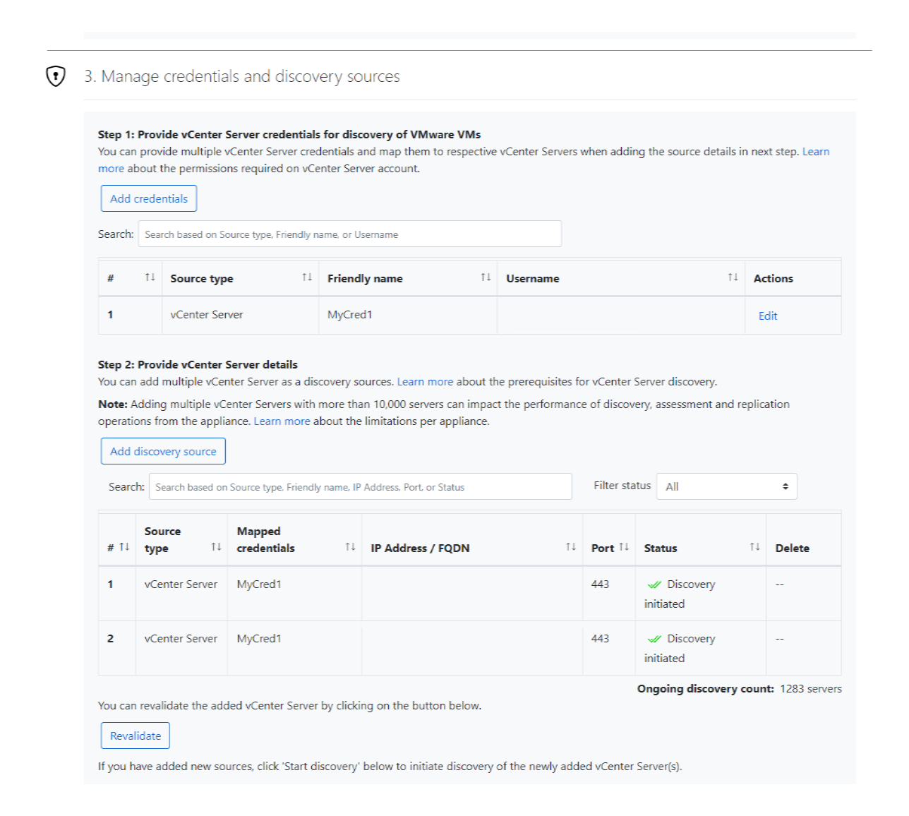 Screenshot che mostra la gestione delle credenziali e delle origini di individuazione per il server vCenter nel gestore di configurazione dell'appliance.