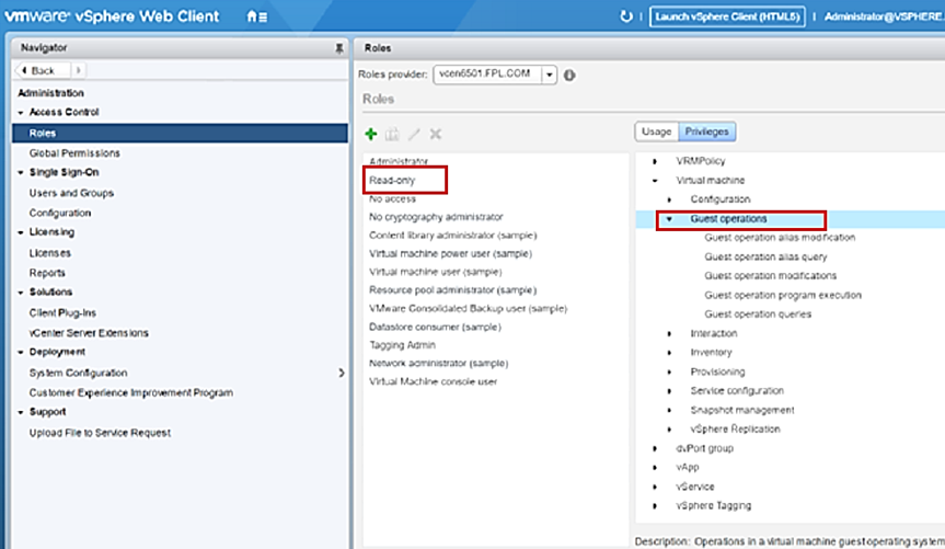 Screenshot che mostra il client Web vSphere e come creare un nuovo account e selezionare ruoli utente e privilegi.
