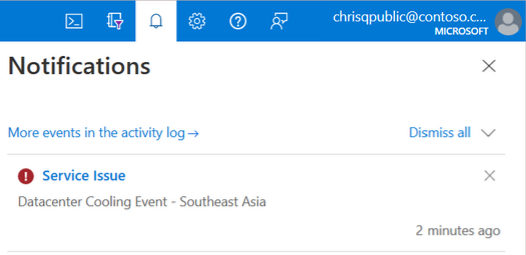 Screenshot che mostra le notifiche nel portale di Azure.