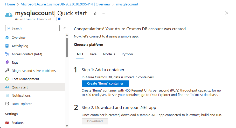 Screenshot che mostra la pagina dell'account Azure Cosmos DB.