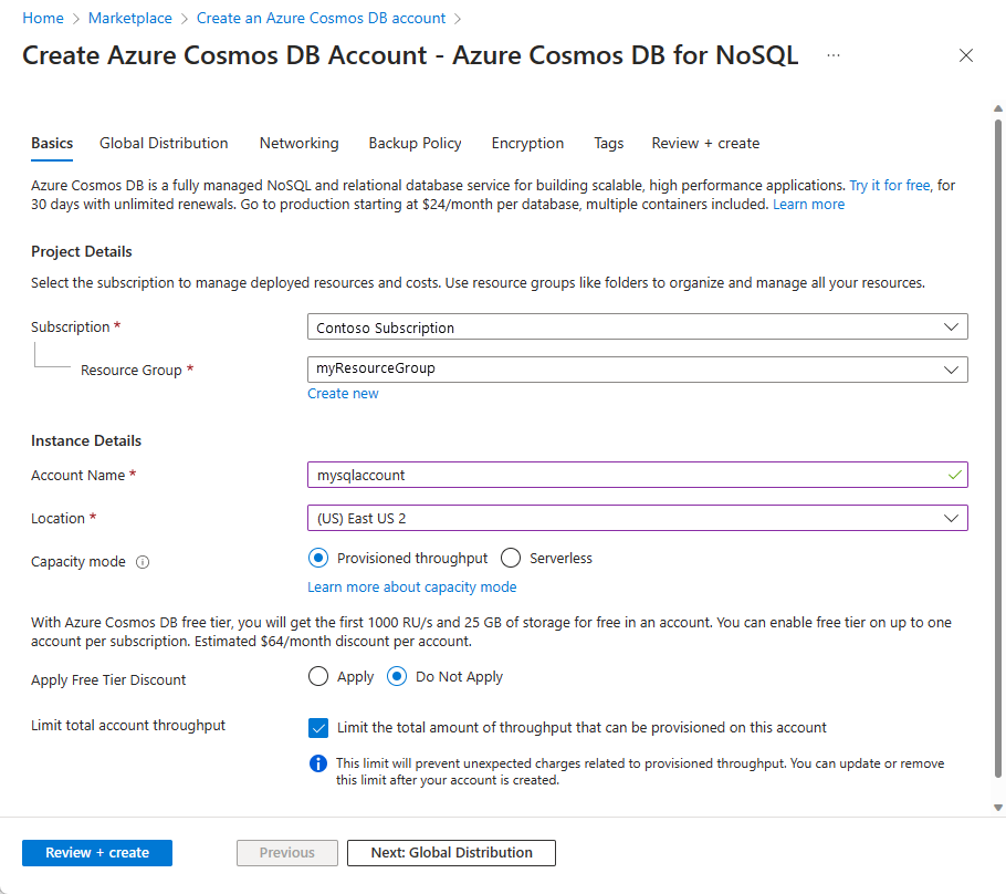 Screenshot che mostra la pagina Crea account Azure Cosmos DB.