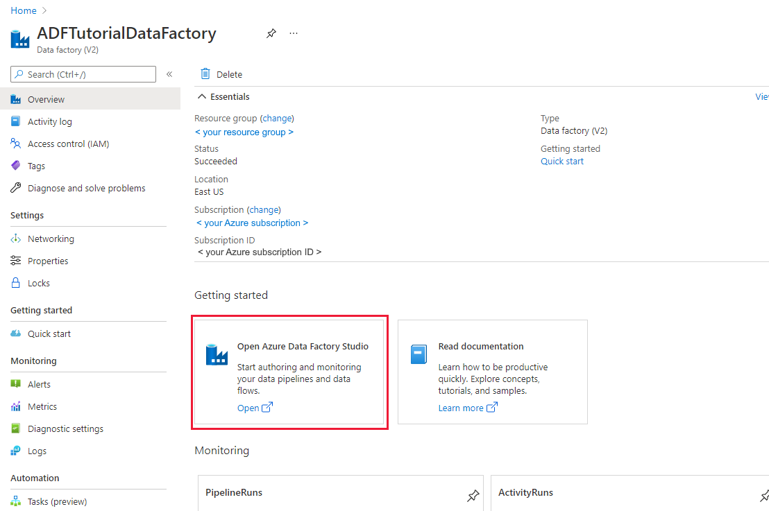 Screenshot che mostra la home page di Azure Data Factory con il riquadro Apri Azure Data Factory Studio.