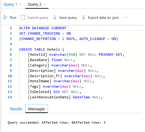 Screenshot dello script SQL in una finestra del Editor di query.