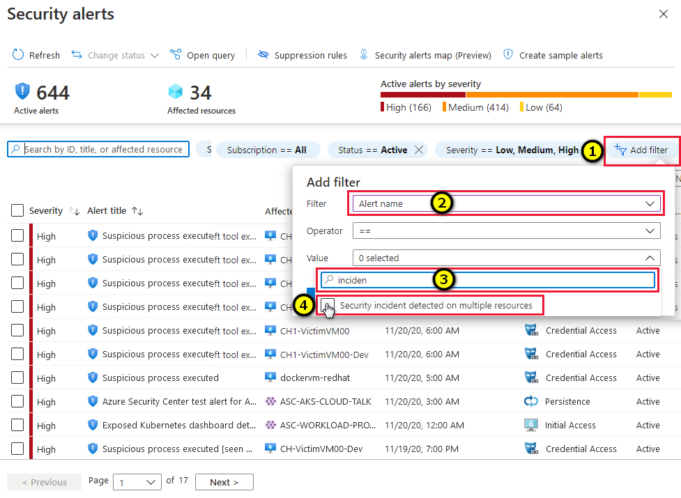 Individuazione degli eventi imprevisti nella pagina degli avvisi di sicurezza in Microsoft Defender per il cloud.