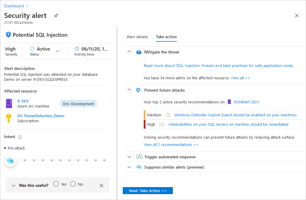 Screenshot that shows the options available in the Take action tab.