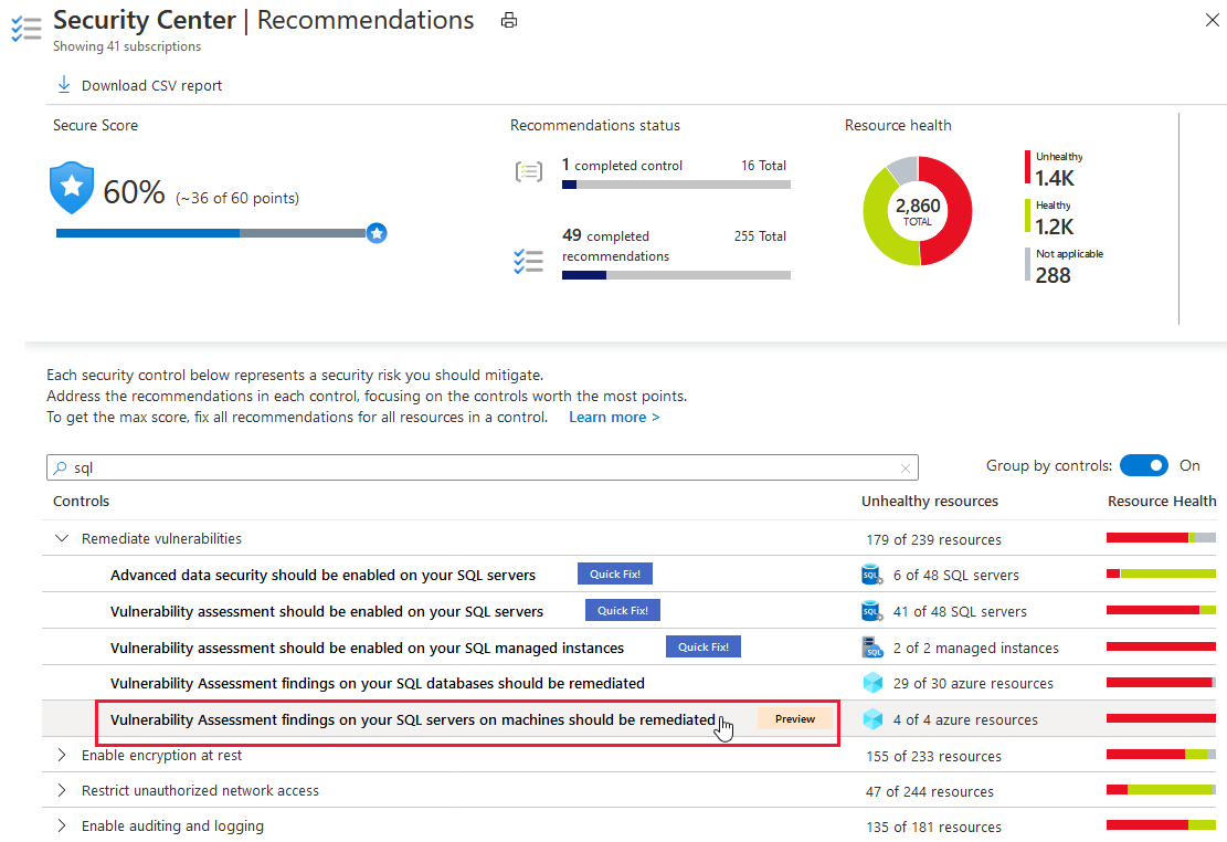 I risultati delle vulnerabilità devono essere risolti nei server SQL