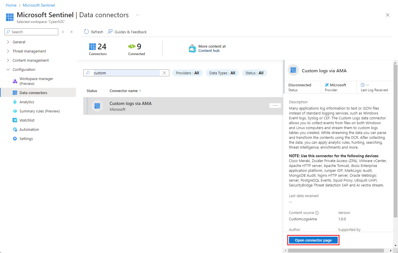 Screenshot del connettore Log personalizzati tramite AMA nella raccolta.