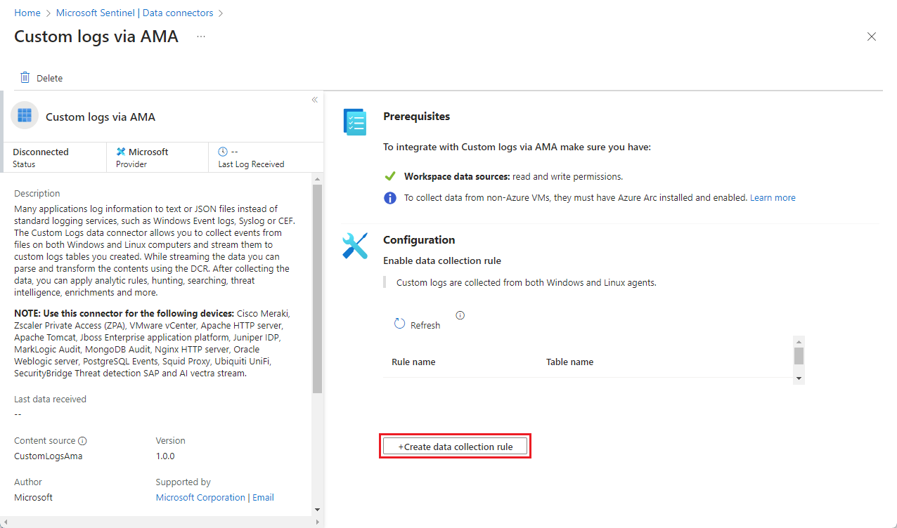 Screenshot che mostra la pagina del connettore Log personalizzati tramite AMA.