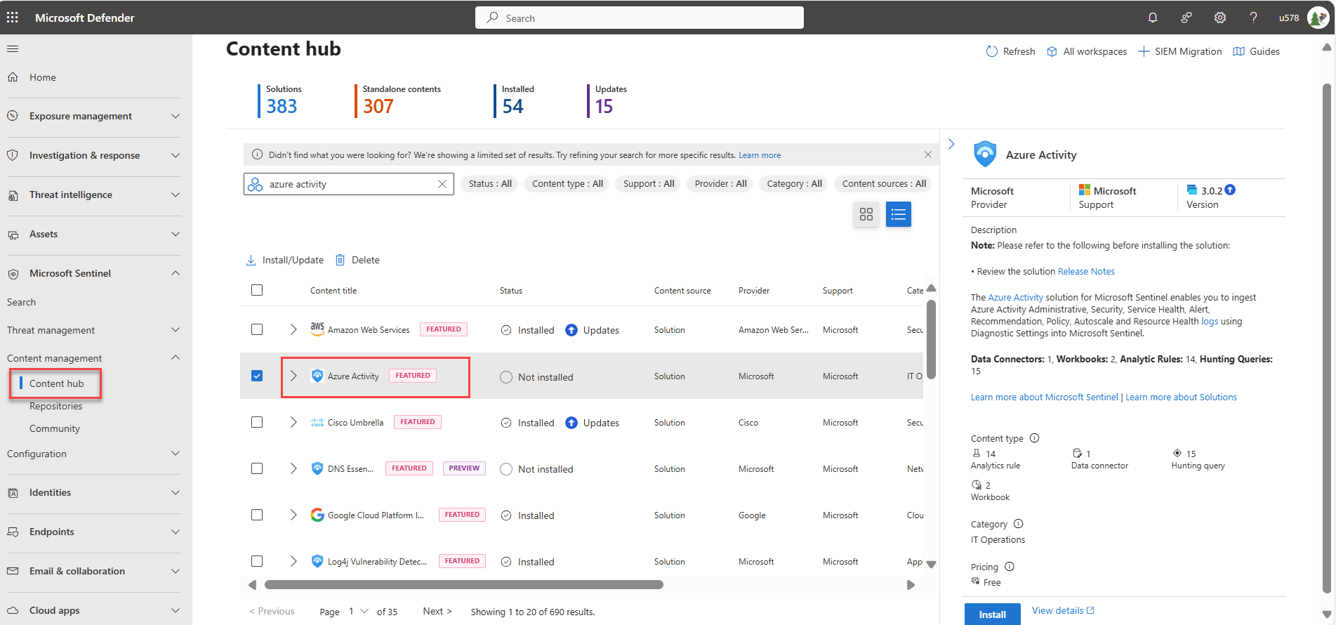 Screenshot che mostra il contenuto nel portale di Defender con la soluzione per Attività di Azure selezionata.