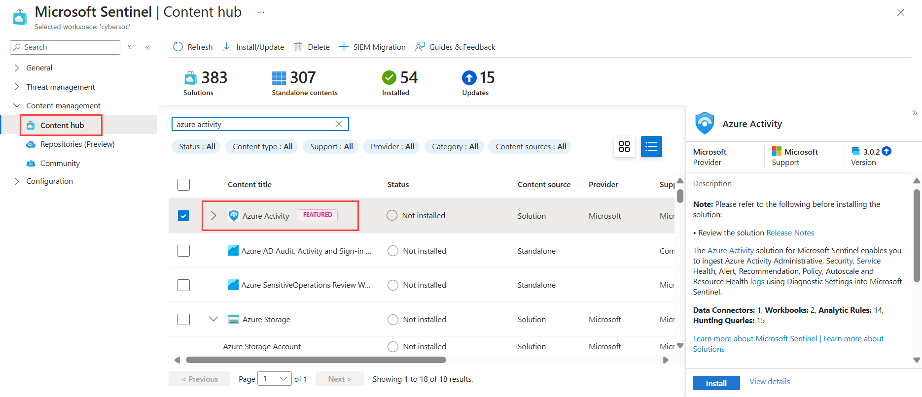 Screenshot dell'hub del contenuto nel portale di Azure con la soluzione per l'attività di Azure selezionata.