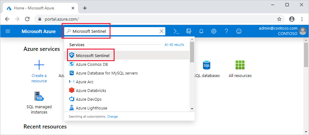 Screenshot che mostra la ricerca di un servizio durante l'abilitazione di Microsoft Sentinel.