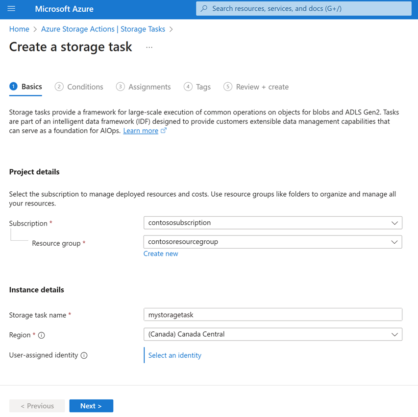 Screenshot della scheda Informazioni di base dell'esperienza di creazione dell'attività di archiviazione.