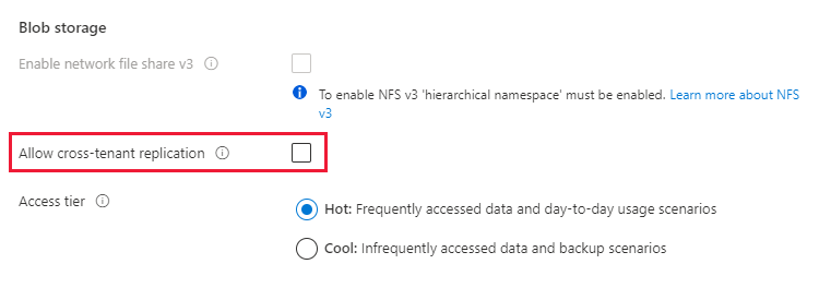 Screenshot che mostra come impedire la replica di oggetti tra tenant per un nuovo account di archiviazione