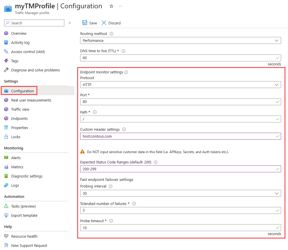 Screenshot delle impostazioni di configurazione di monitoraggio degli endpoint di Gestione traffico nel portale di Azure.