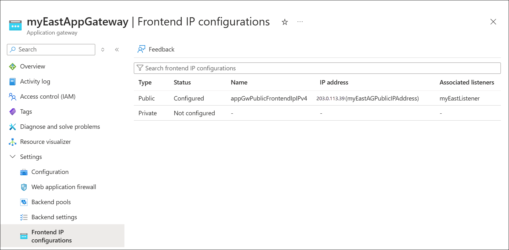 Screenshot della configurazione front-end del gateway applicazione.