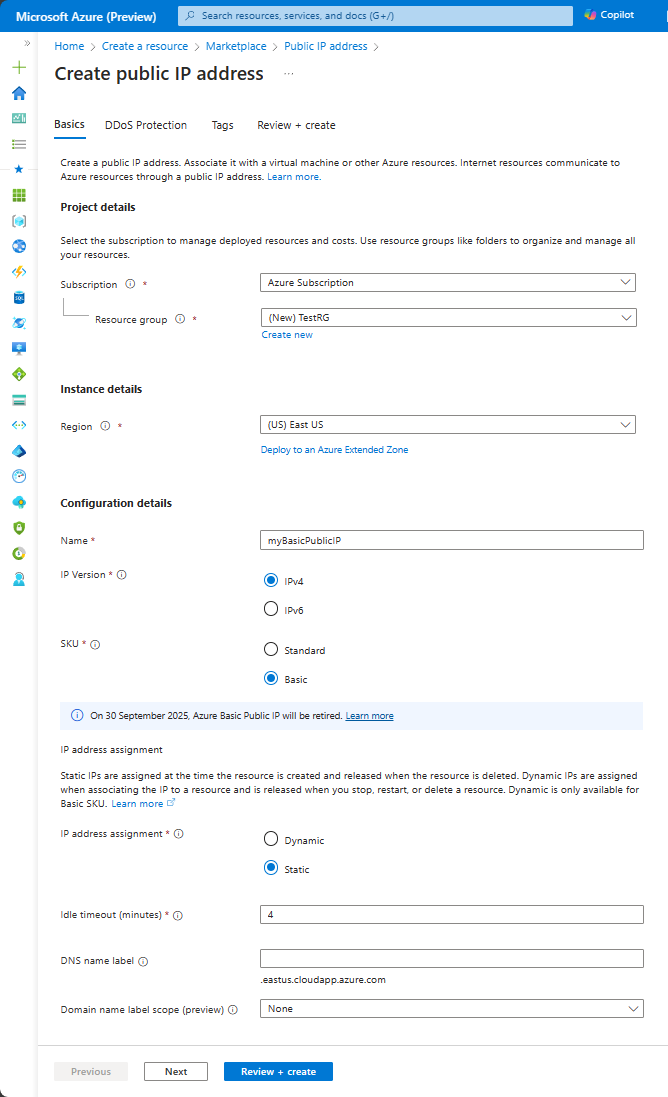 Screenshot che mostra le impostazioni della scheda Crea indirizzo IP pubblico - Basic per uno SKU Basic.
