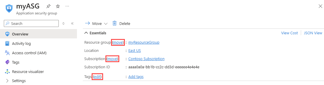 Screenshot che mostra la modifica di un gruppo di sicurezza di un'applicazione nel portale di Azure.
