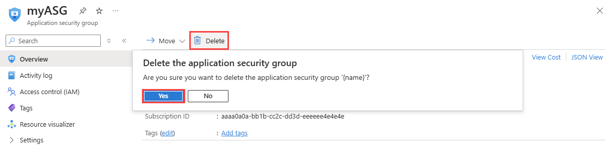 Schermata dell'eliminazione di un gruppo di sicurezza delle applicazioni nel portale di Azure.