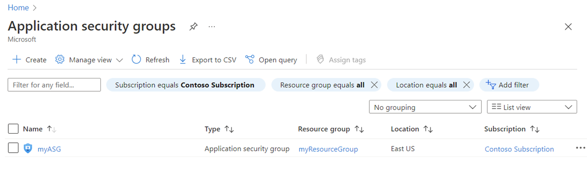Screenshot dei gruppi di sicurezza delle applicazioni esistenti nel portale di Azure.