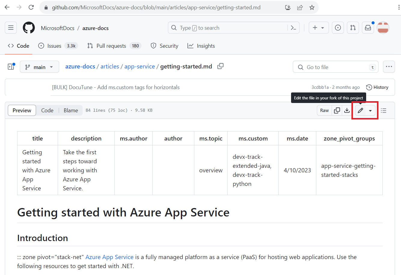 Screenshot dell'articolo di Azure all'interno di GitHub, che mostra l'icona a forma di matita **Modifica**.