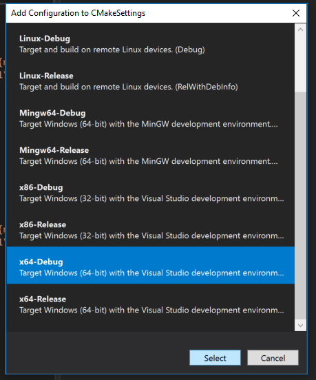 Screenshot della finestra di dialogo Aggiungi configurazione a CMakeSettings. Contiene voci come Linux-Debug, x86-Debug. è selezionata l'opzione x64-Debug.