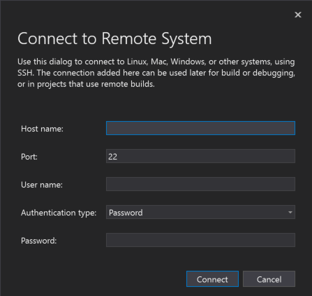 Screenshot della finestra di dialogo Connetti al sistema remoto di Visual Studio.