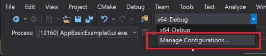 Screenshot dell'elenco a discesa Configurazione nella barra degli strumenti. Gestisci Configurazioni... è selezionato.