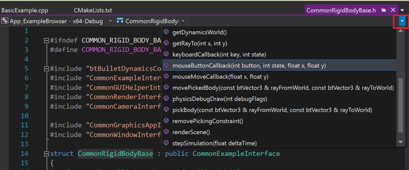 Screenshot della barra degli strumenti Elenco membri a discesa nella finestra dell'editor. Elenca funzioni come getRayTo(in x, int y). Il metodo di callback del pulsante del mouse è evidenziato.