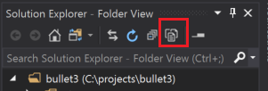 Screenshot della finestra Esplora Soluzioni con il pulsante Mostra tutti i file evidenziato. Questo pulsante si trova nella parte superiore della finestra Esplora Soluzioni, sulla destra.