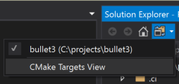 Schermata del pulsante Soluzioni e cartelle in Esplora soluzioni. Mostra un menu a tendina con una scelta per c:\projects\bullet3 e un'altra scelta per la vista Destinazioni CMake, selezionata.