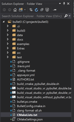 Screenshot della finestra Esplora soluzioni in modalità Visualizzazione cartelle. Visualizza il contenuto del progetto (file e cartelle) e CMakeLists.txt è evidenziato.
