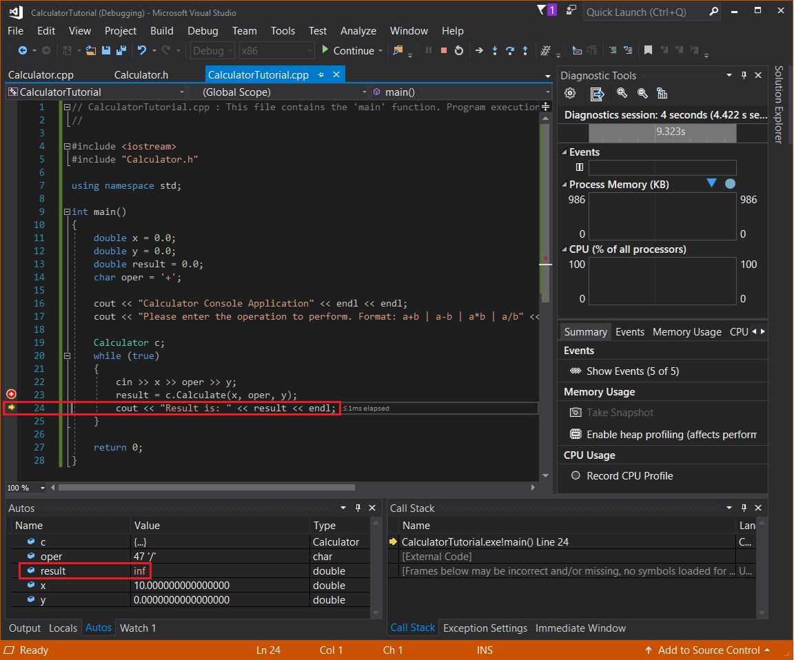 Screenshot del debug del calcolatore.