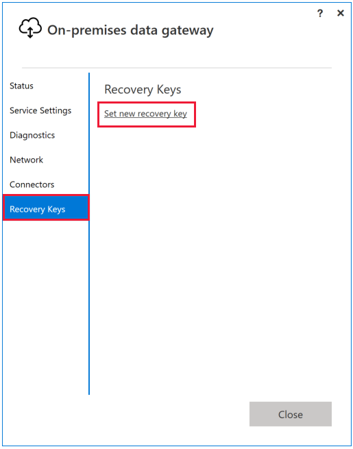 Screenshot dell'app gateway con l'opzione Imposta nuova chiave di ripristino evidenziata.