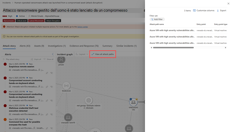 Screenshot che evidenzia l'opzione Visualizza percorsi di attacco e l'elenco dei percorsi di attacco nel riquadro a comparsa