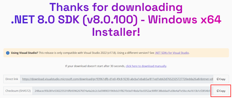 La pagina di download di .NET con checksum