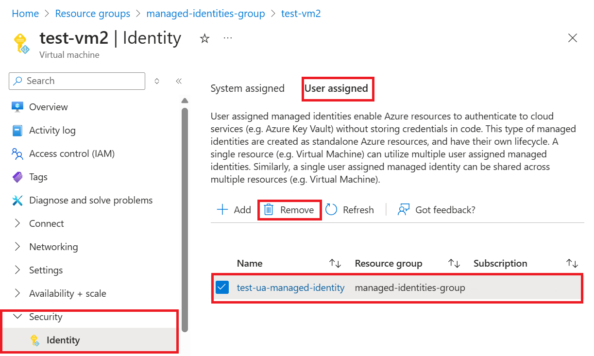 Screenshot che mostra come rimuovere l'identità gestita assegnata dall'utente da una macchina virtuale.