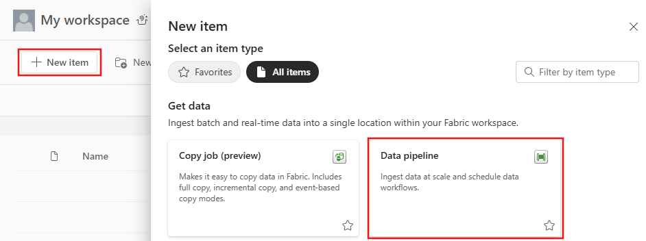 Screenshot che mostra come creare una nuova pipeline di dati.