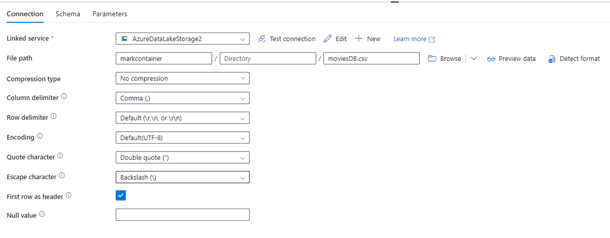 Screenshot della pagina di configurazione del set di dati di Azure Data Factory.
