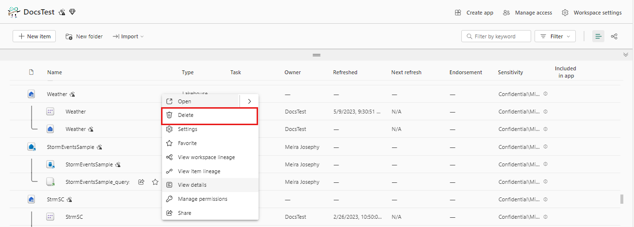 Screenshot dell'area di lavoro di Microsoft Fabric che mostra le risorse create dalla raccolta di esempi. L'opzione di menù Più denominata Elimina è evidenziata.